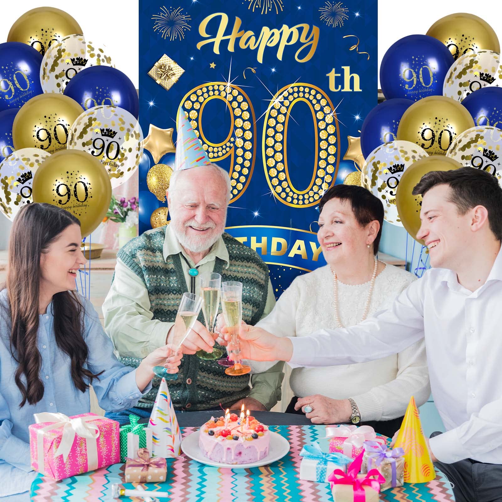 Rumia Navy Blue & Gold 90th Birthday Banner with 18 Balloons Set