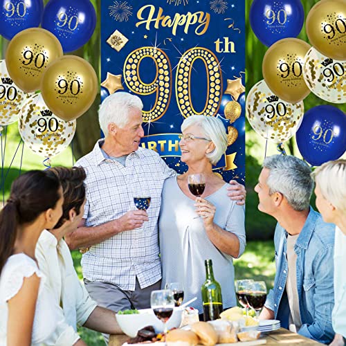 Rumia Navy Blue & Gold 90th Birthday Banner with 18 Balloons Set