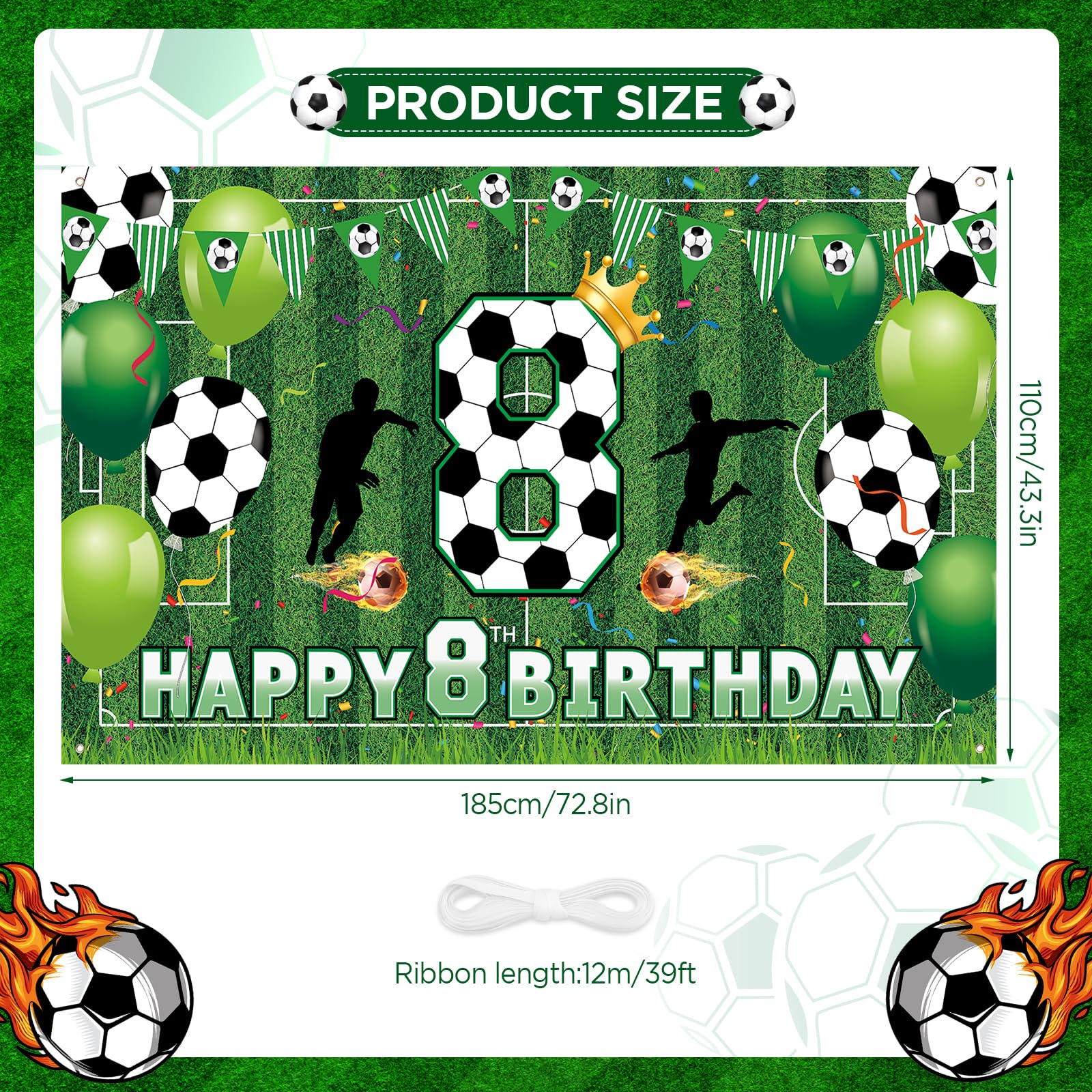 RUMIA Soccer 8th Birthday Banner – Large 70.8x43.3 Inch Sport Themed Party Decoration for Boys