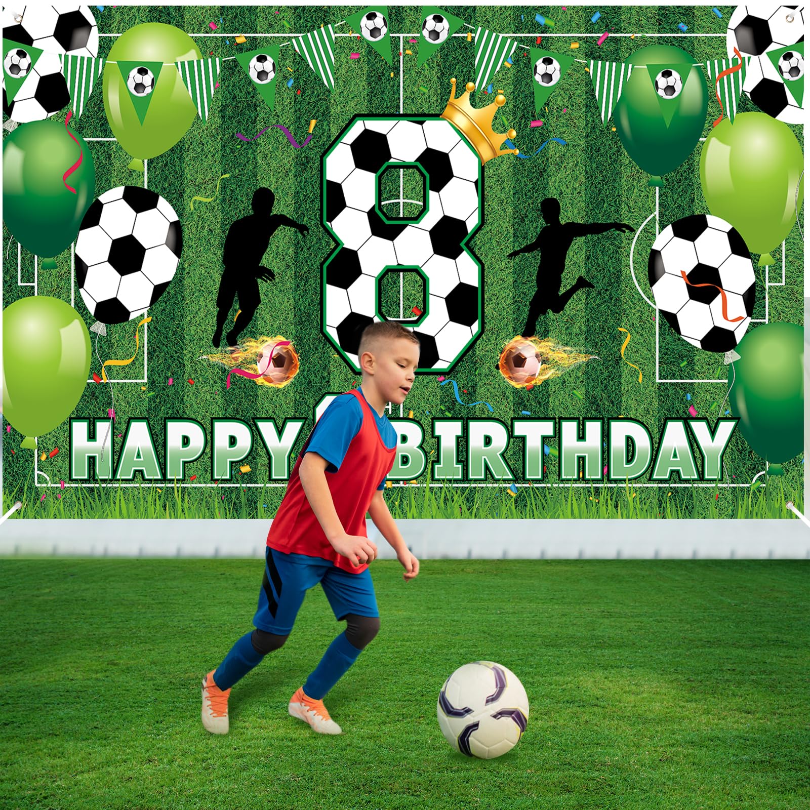 RUMIA Soccer 8th Birthday Banner – Large 70.8x43.3 Inch Sport Themed Party Decoration for Boys