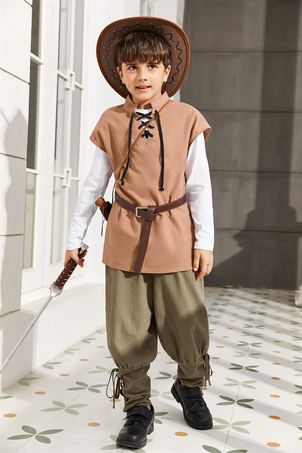 Runcati Boys' Cotton Sleeveless Lace-Up Costume Top for Renaissance, Viking, Pirate or Scottish Dress-Up