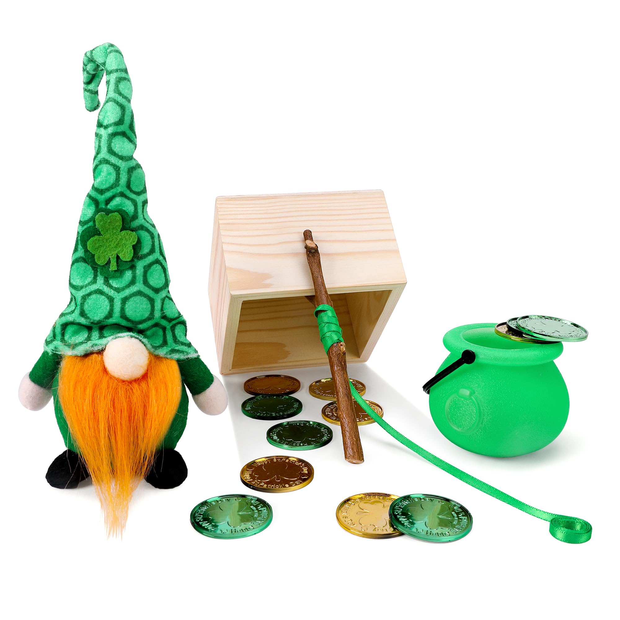 RunNico 14-Piece St. Patrick's Day Leprechaun Trap Kit - Gnome Plush, Cauldron, Coins, DIY Craft for Party Decor
