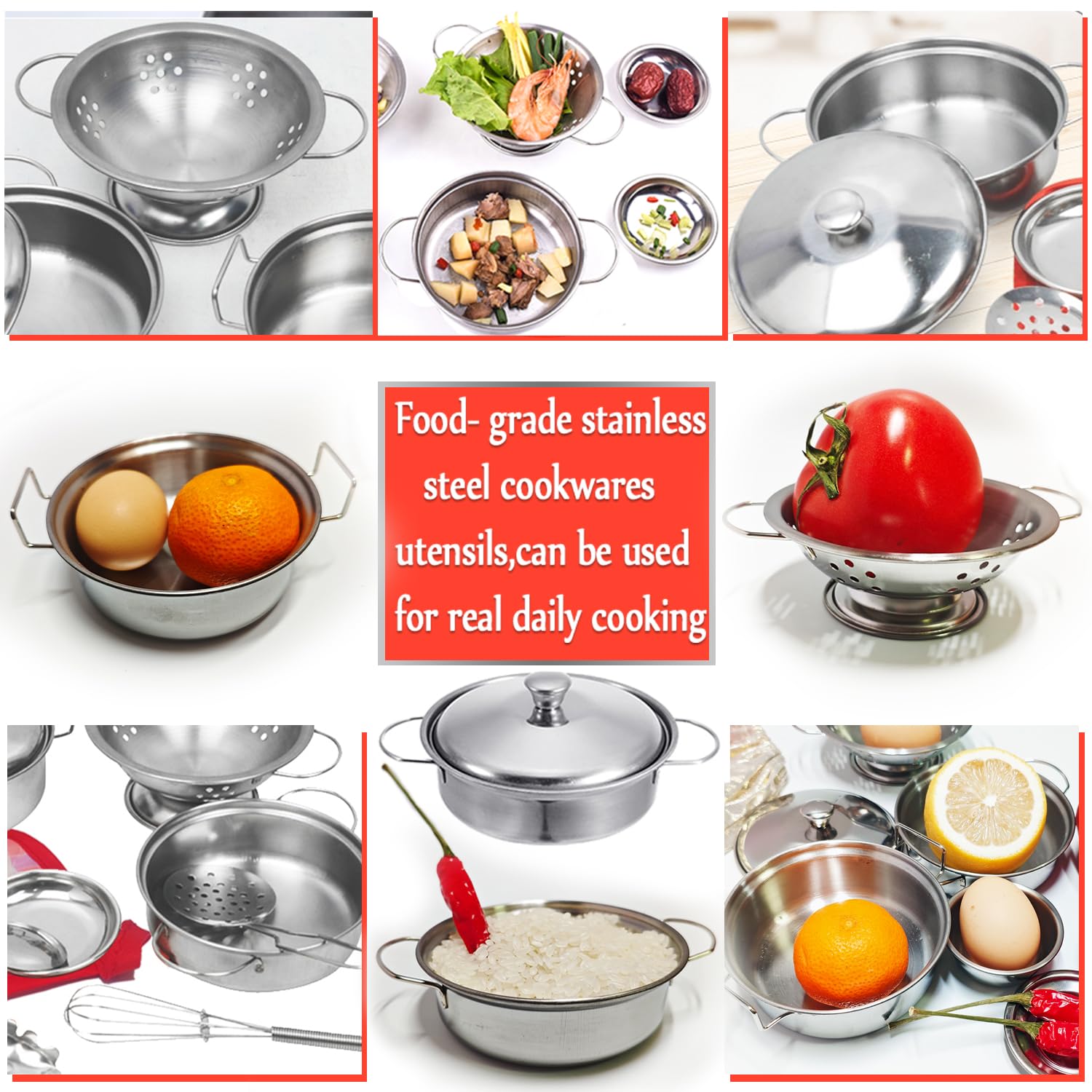 Rupnoflbui Kids Kitchen Pretend Play Set - 11-Piece Stainless Steel Pots and Pans with Utensils for Ages 3+