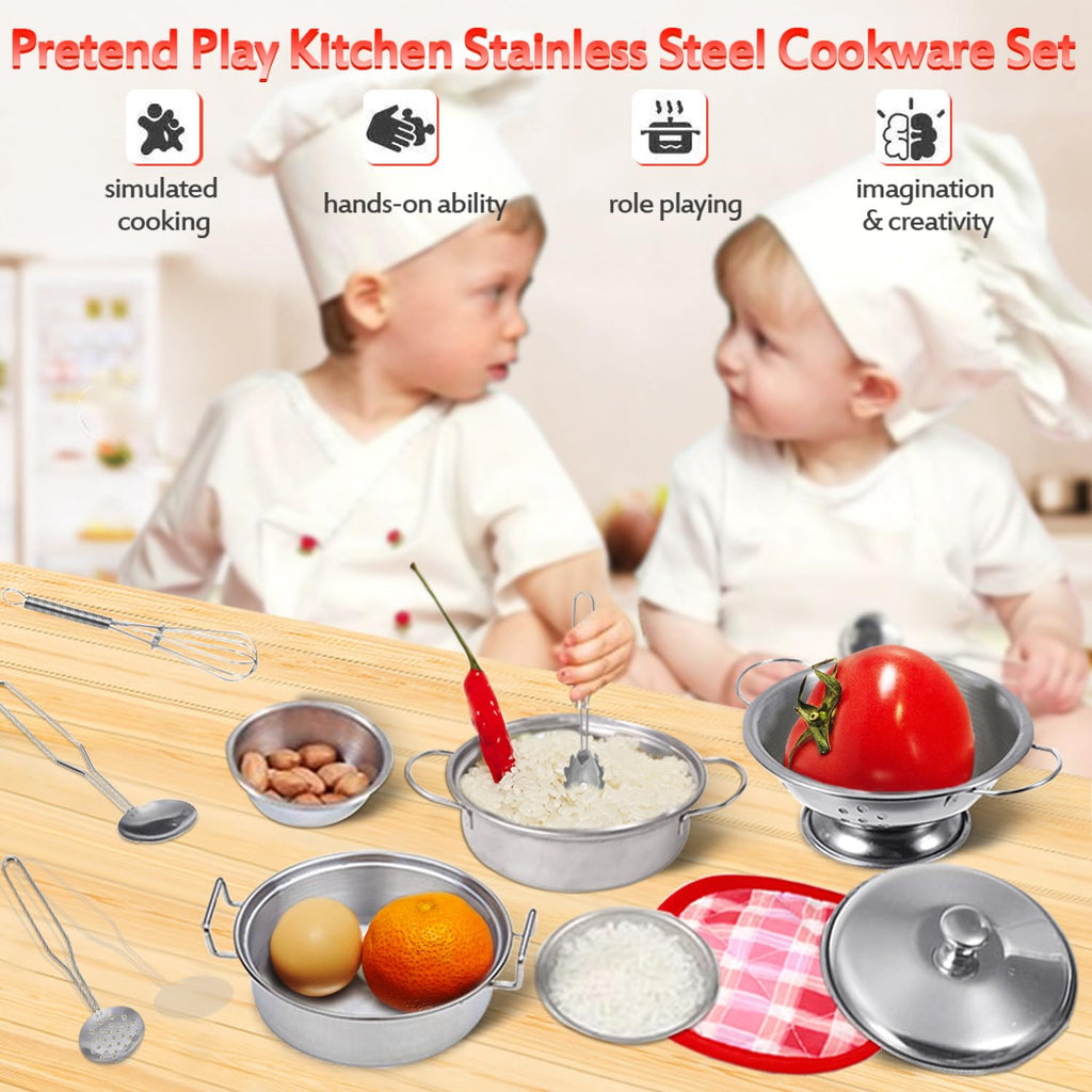 Rupnoflbui Kids Kitchen Pretend Play Set - 11-Piece Stainless Steel Pots and Pans with Utensils for Ages 3+