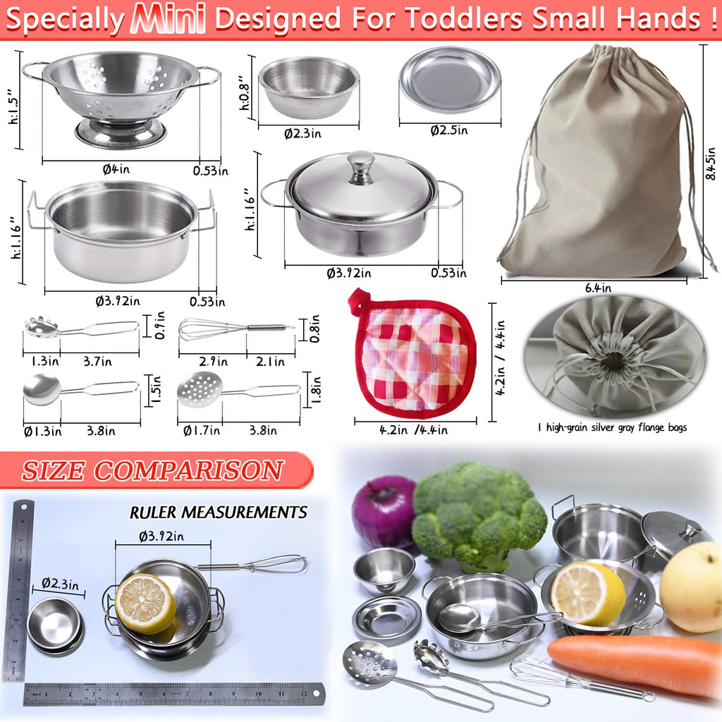 Rupnoflbui Kids Kitchen Pretend Play Set - 11-Piece Stainless Steel Pots and Pans with Utensils for Ages 3+