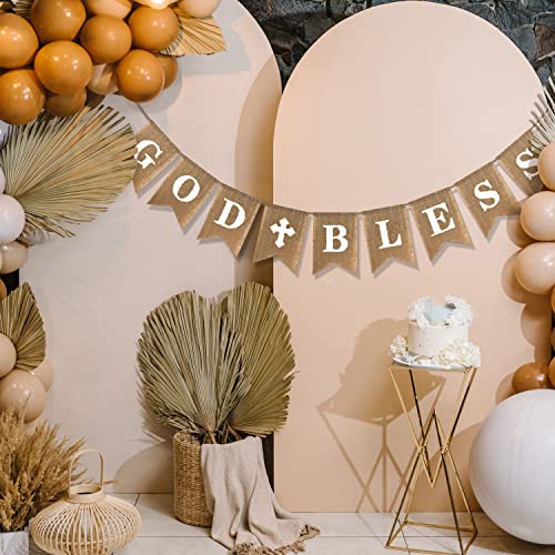 Rustic Burlap Banner with God Bless Design – Baptism Christening Baby Shower Decoration