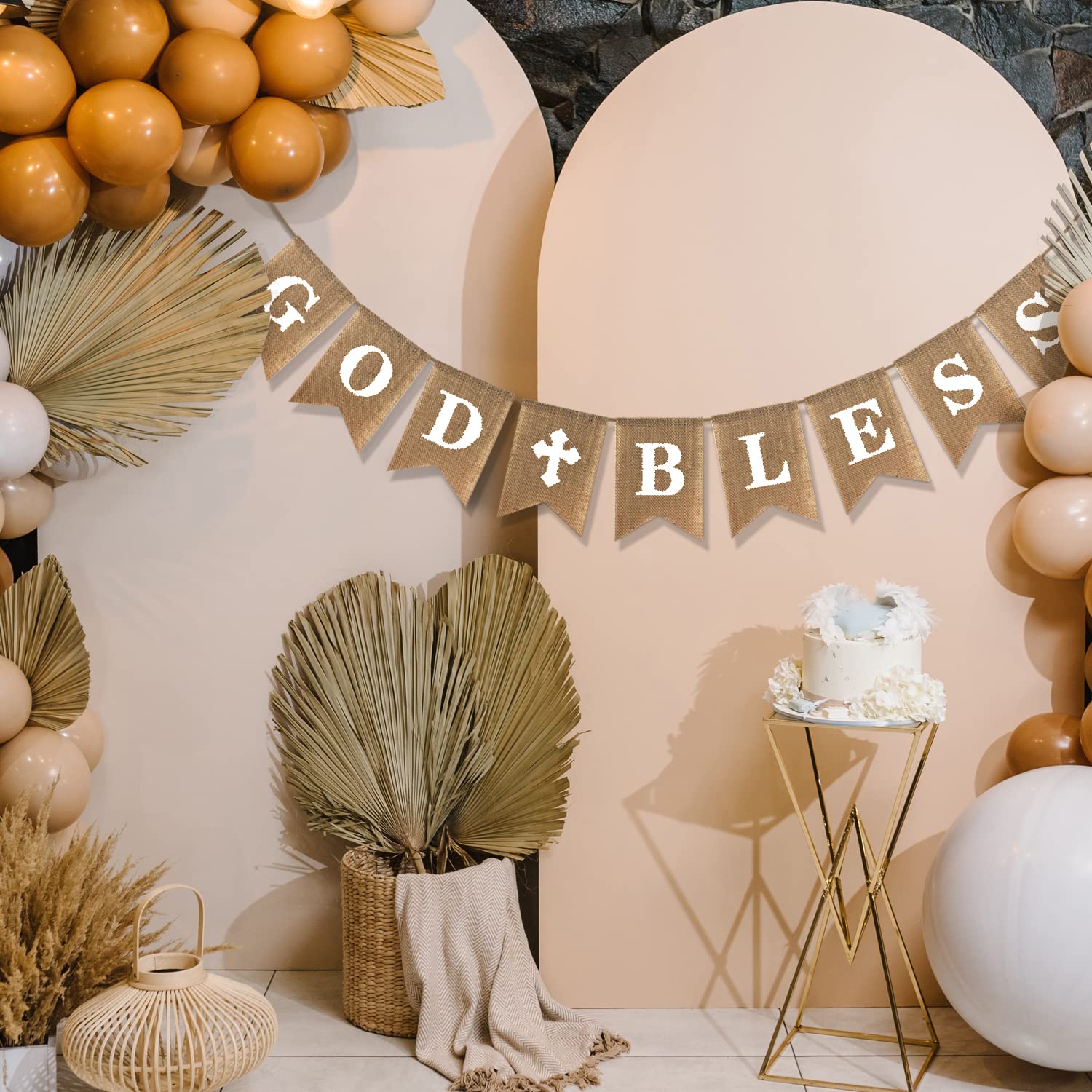 Rustic Burlap Banner with God Bless Design – Baptism Christening Baby Shower Decoration
