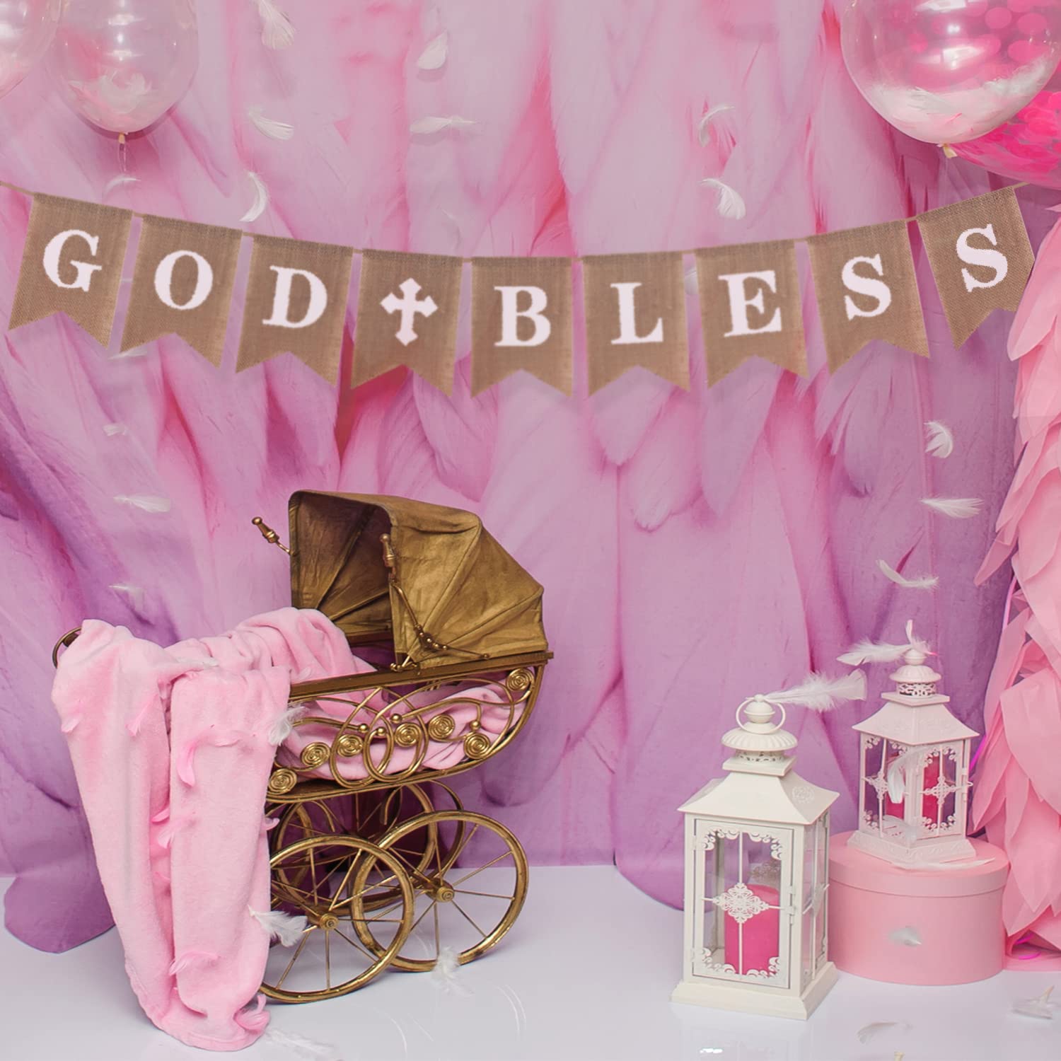 Rustic Burlap Banner with God Bless Design – Baptism Christening Baby Shower Decoration