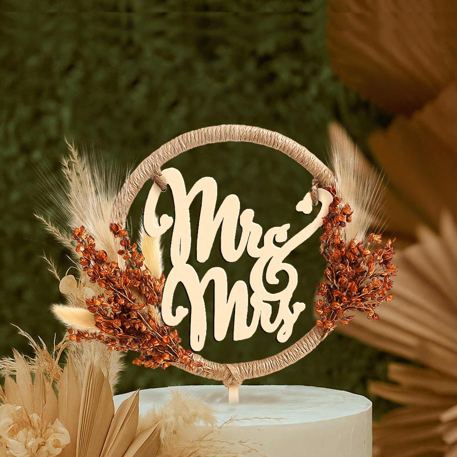 Rustic Mr and Mrs Wedding Cake Topper with Pampas Grass – Wooden Boho Fall Decor by Fiwochic