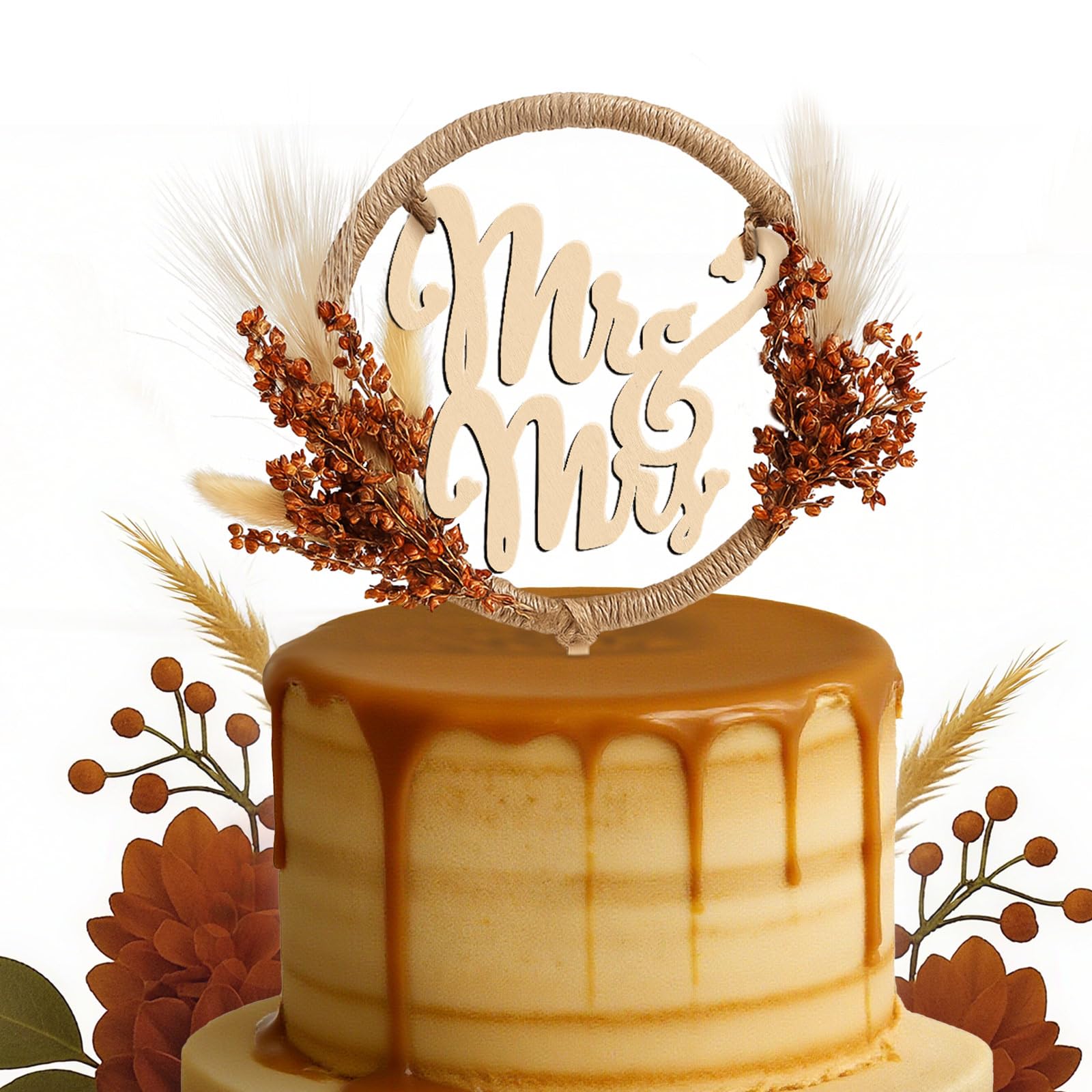 Rustic Mr and Mrs Wedding Cake Topper with Pampas Grass – Wooden Boho Fall Decor by Fiwochic