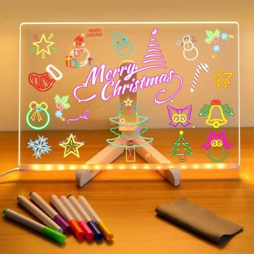 RWSEFK Illuminated Acrylic Dry Erase Board – 5.9x5.9in LED Note Board with 7 Colored Pens and Adjustable Stand
