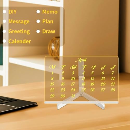 RWSEFK Illuminated Acrylic Dry Erase Board – 5.9x5.9in LED Note Board with 7 Colored Pens and Adjustable Stand