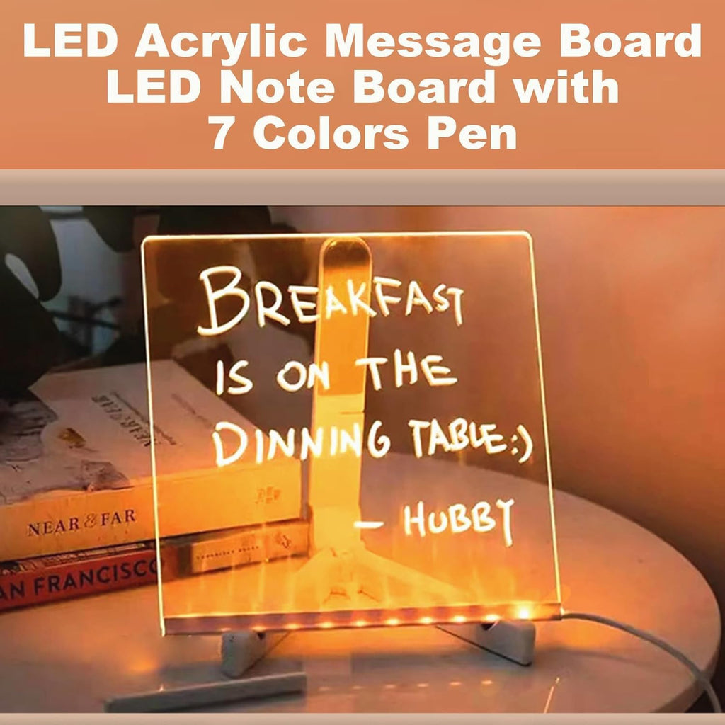 RWSEFK LED Note Board 7.9x7.9in - Lighted Acrylic Dry Erase Message Board with 7 Pens and Adjustable Stand