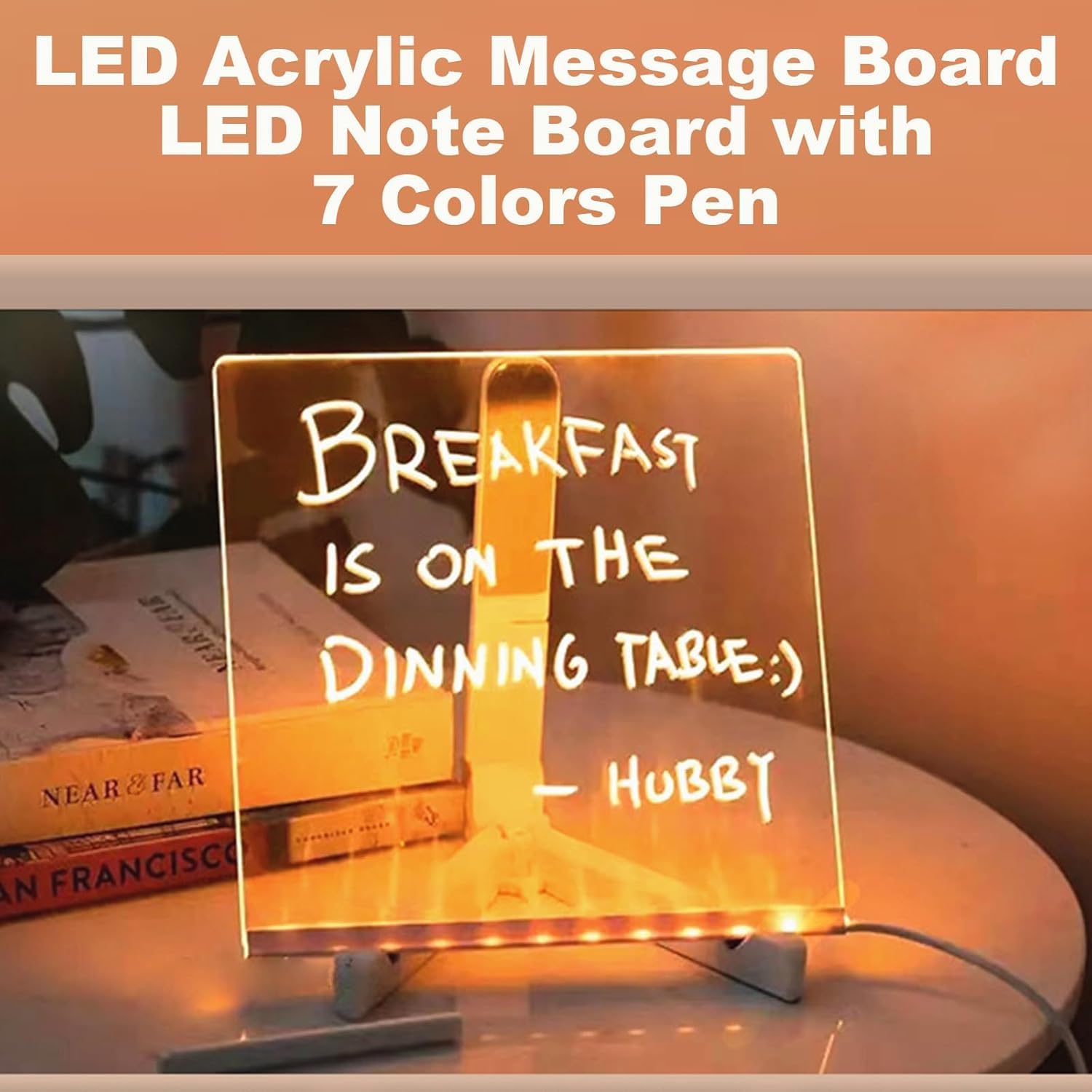 RWSEFK LED Note Board 7.9x7.9in - Lighted Acrylic Dry Erase Message Board with 7 Pens and Adjustable Stand