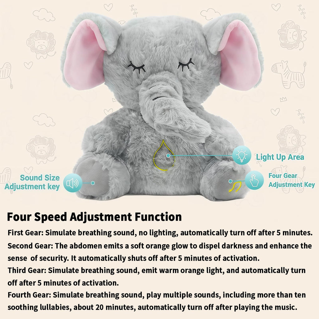 rytopt Breathing Stuffed Elephant – Simulated Breathing Sounds, 4 Speed Settings, Soft Plush Toy