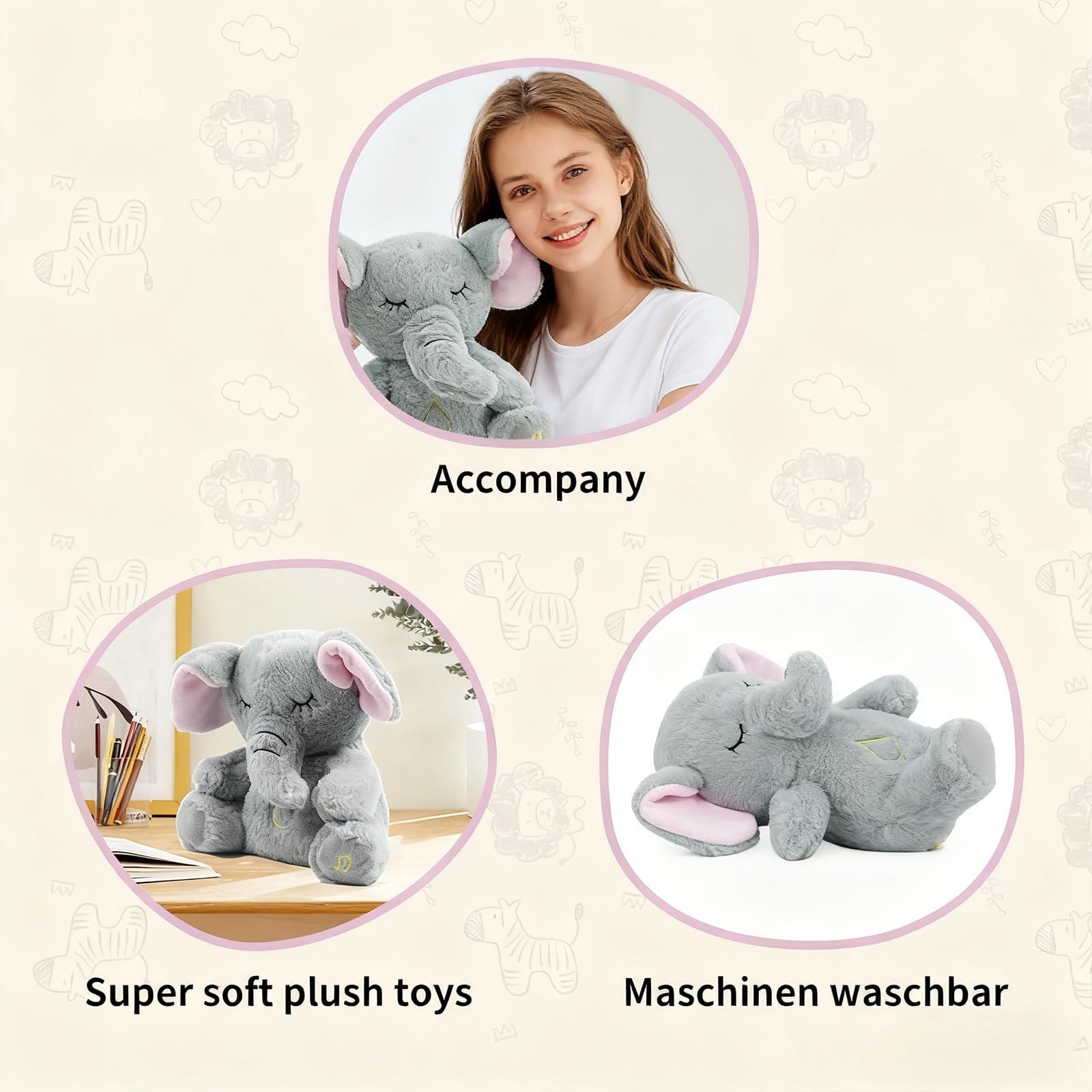 rytopt Breathing Stuffed Elephant – Simulated Breathing Sounds, 4 Speed Settings, Soft Plush Toy