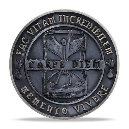 RYUKENLM Memento Mori Challenge Coin – Carpe Diem Stoic Reminder – Antique Silver Zinc Alloy