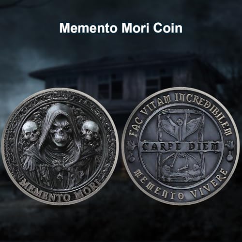 RYUKENLM Memento Mori Challenge Coin – Carpe Diem Stoic Reminder – Antique Silver Zinc Alloy