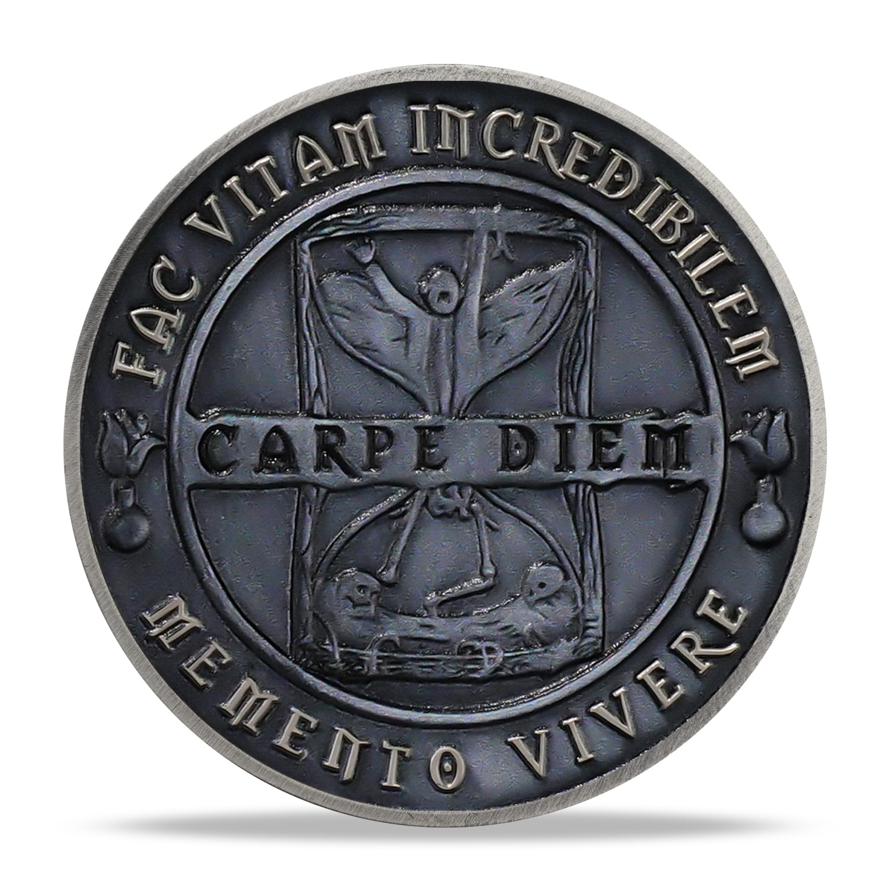 RYUKENLM Memento Mori Challenge Coin – Carpe Diem Stoic Reminder – Antique Silver Zinc Alloy
