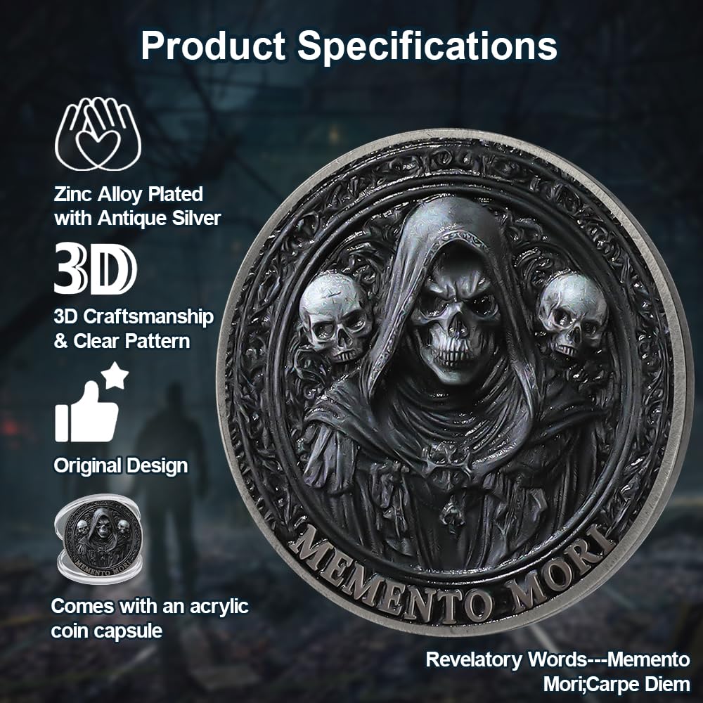 RYUKENLM Memento Mori Challenge Coin – Carpe Diem Stoic Reminder – Antique Silver Zinc Alloy