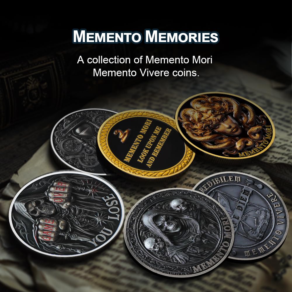 RYUKENLM Memento Mori Challenge Coin – Carpe Diem Stoic Reminder – Antique Silver Zinc Alloy