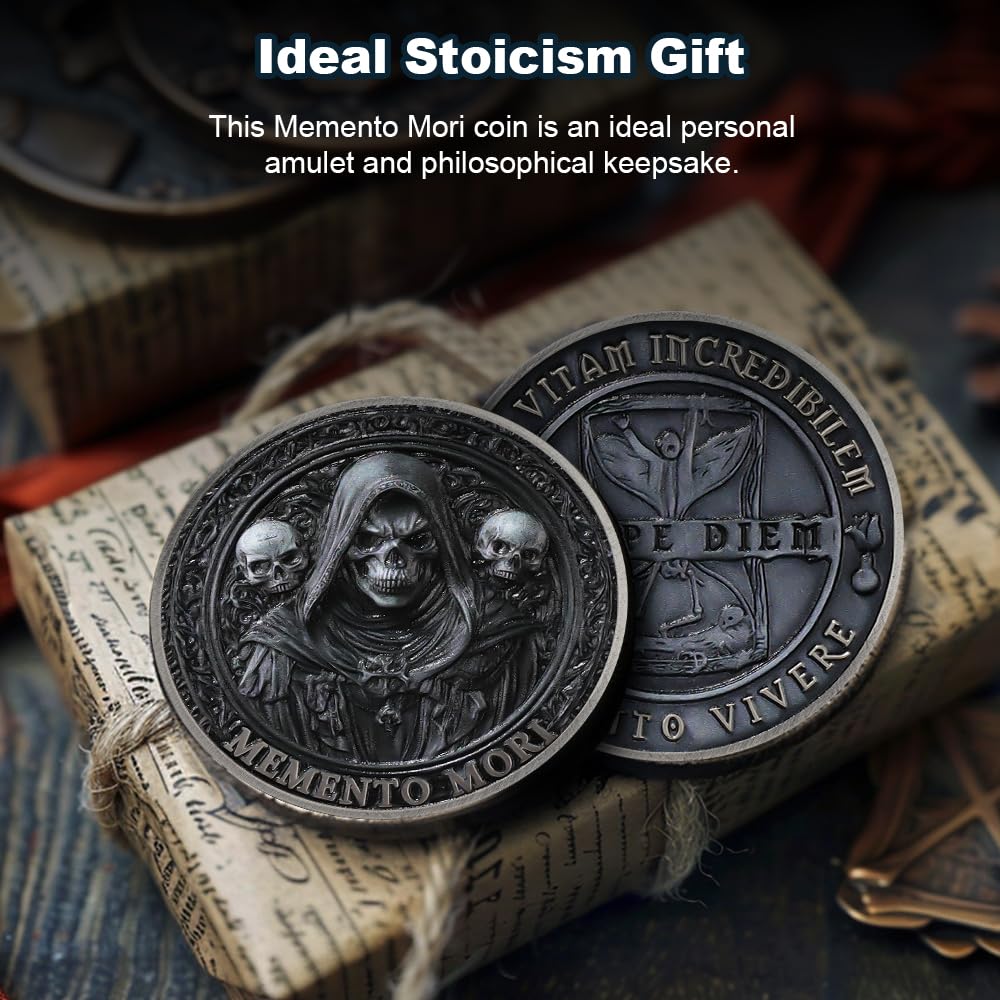 RYUKENLM Memento Mori Challenge Coin – Carpe Diem Stoic Reminder – Antique Silver Zinc Alloy
