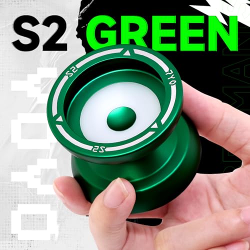 S2 Responsive Yoyo for Kids - Dual Purpose Alloy Metal Yoyo with Finger Dimple, Includes 10 Strings, Bag, and Bearings - Green