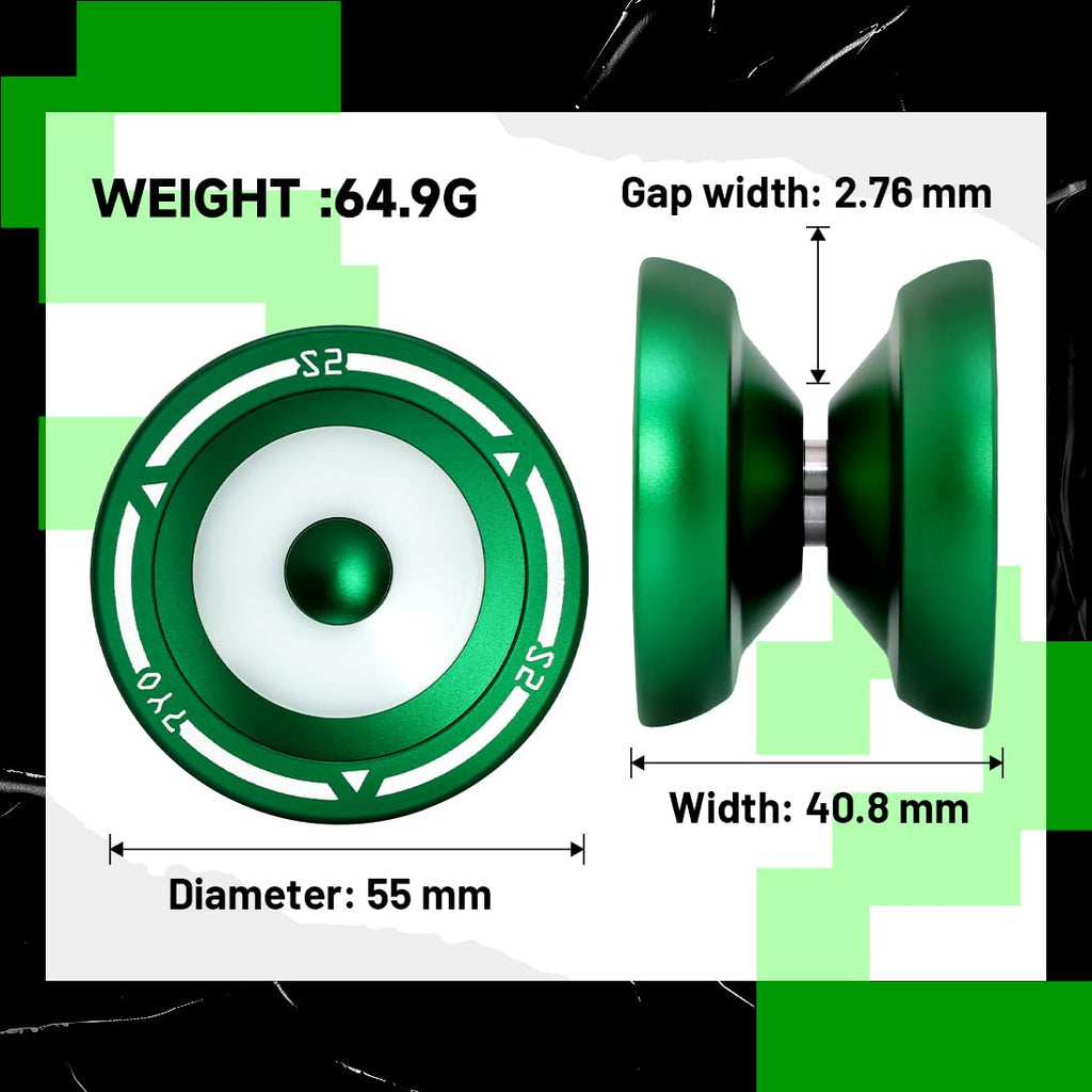 S2 Responsive Yoyo for Kids - Dual Purpose Alloy Metal Yoyo with Finger Dimple, Includes 10 Strings, Bag, and Bearings - Green