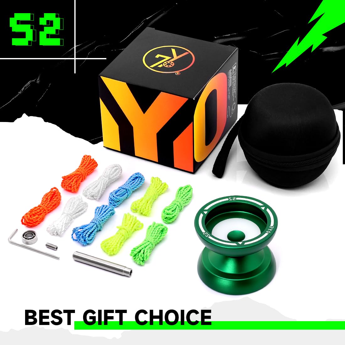S2 Responsive Yoyo for Kids - Dual Purpose Alloy Metal Yoyo with Finger Dimple, Includes 10 Strings, Bag, and Bearings - Green