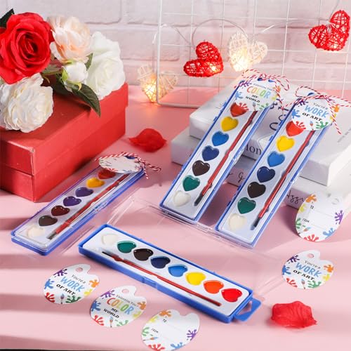 Sabary 24-Pack Watercolor Paint Set for End-of-School Gifts (Heart Theme) with Cards