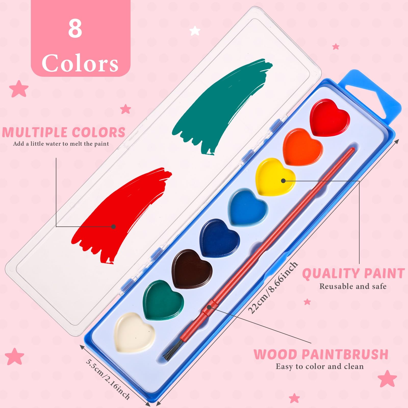 Sabary 24-Pack Watercolor Paint Set for End-of-School Gifts (Heart Theme) with Cards