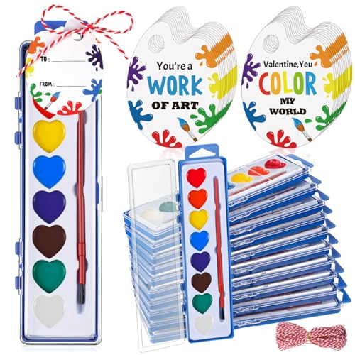 Sabary 24-Pack Watercolor Paint Set for End-of-School Gifts (Heart Theme) with Cards