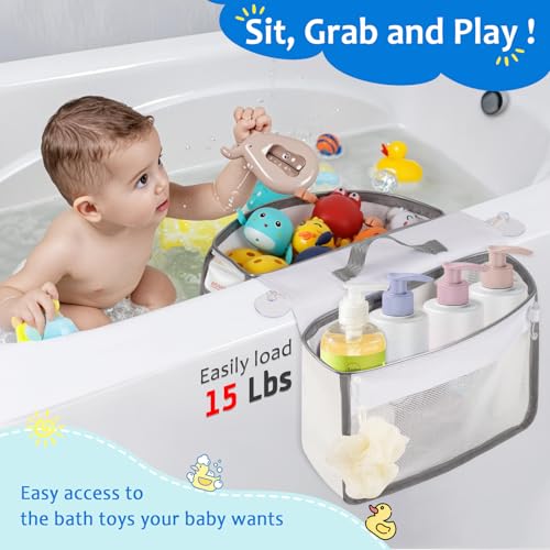 Saddle-Shaped Bath Toy Organizer, 2 Compartments, Gray - Mesh Tub Toy Storage with Side Pockets and Bottom Zipper
