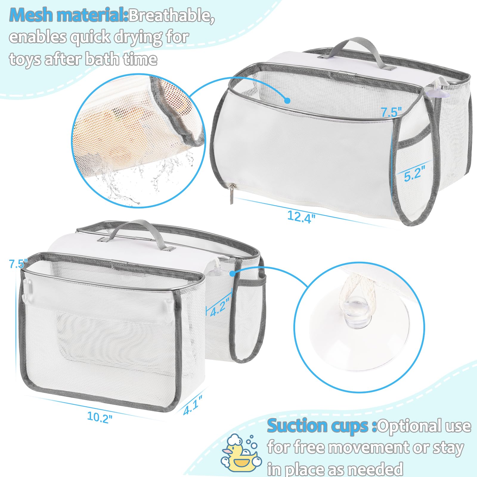 Saddle-Shaped Bath Toy Organizer, 2 Compartments, Gray - Mesh Tub Toy Storage with Side Pockets and Bottom Zipper