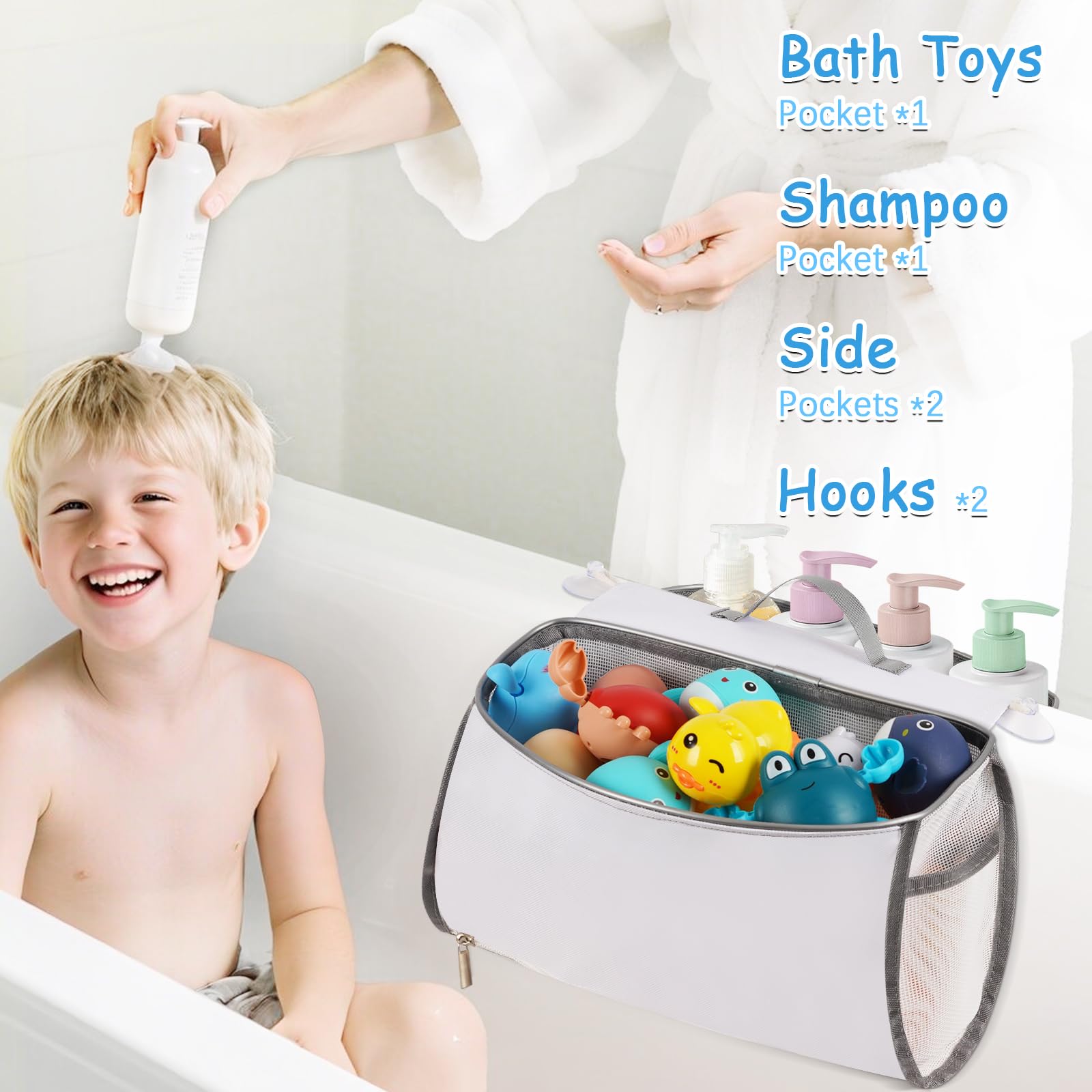 Saddle-Shaped Bath Toy Organizer, 2 Compartments, Gray - Mesh Tub Toy Storage with Side Pockets and Bottom Zipper
