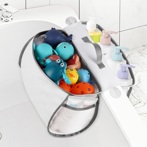 Saddle-Shaped Bath Toy Organizer, 2 Compartments, Gray - Mesh Tub Toy Storage with Side Pockets and Bottom Zipper