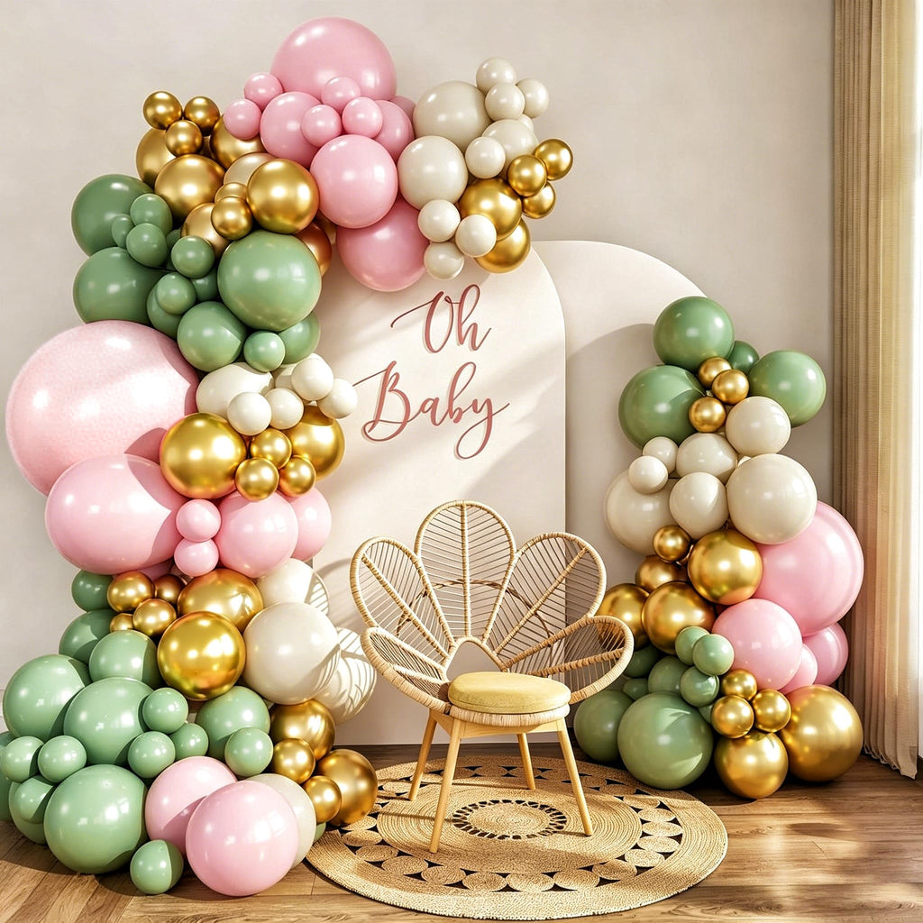 Sage Green and Pink Balloon Arch Kit – 137 Pieces with Metallic Gold and Sand White for Baby Showers and Birthdays