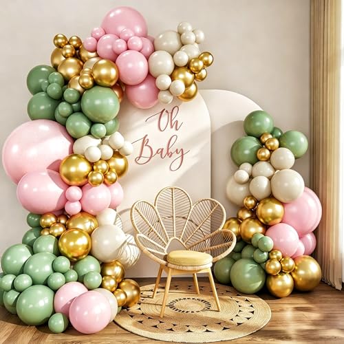Sage Green and Pink Balloon Arch Kit – 137 Pieces with Metallic Gold and Sand White for Baby Showers and Birthdays