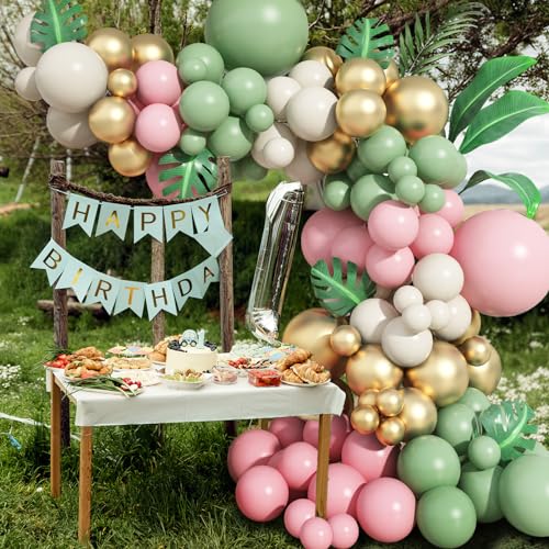 Sage Green and Pink Balloon Arch Kit – 137 Pieces with Metallic Gold and Sand White for Baby Showers and Birthdays