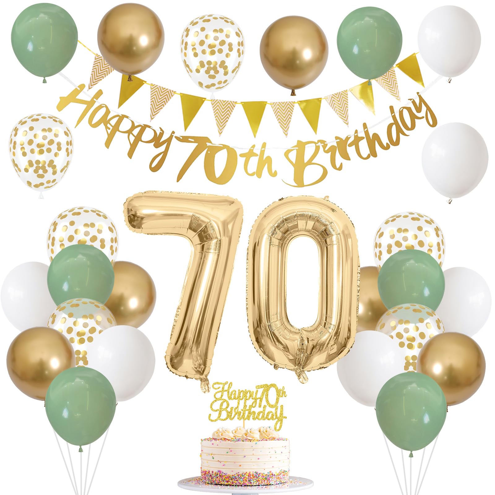 Sage Green White Gold 70th Birthday Balloons Set with Banner, Number 70 Foil Balloons, and Cake Topper