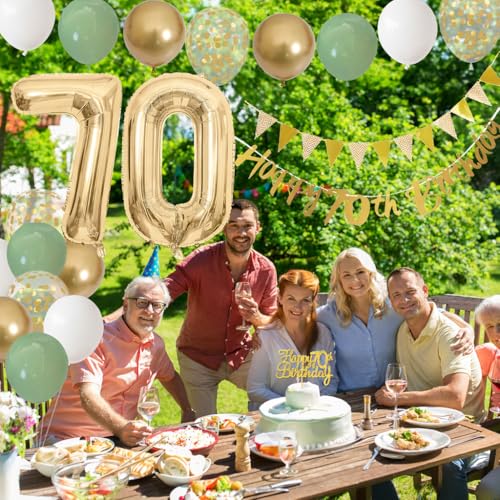 Sage Green White Gold 70th Birthday Balloons Set with Banner, Number 70 Foil Balloons, and Cake Topper