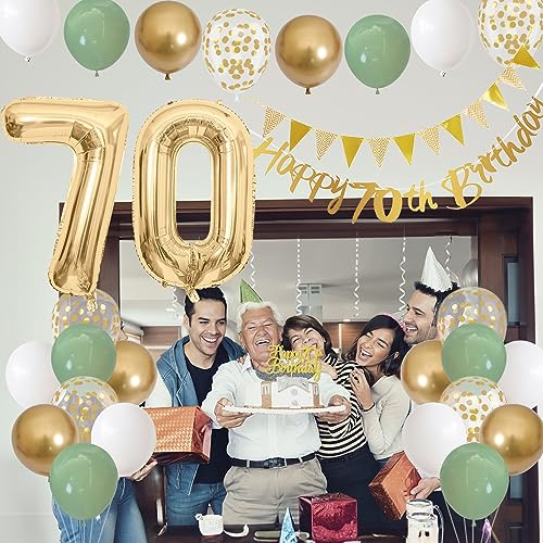 Sage Green White Gold 70th Birthday Balloons Set with Banner, Number 70 Foil Balloons, and Cake Topper