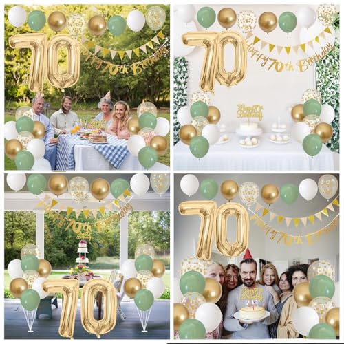 Sage Green White Gold 70th Birthday Balloons Set with Banner, Number 70 Foil Balloons, and Cake Topper