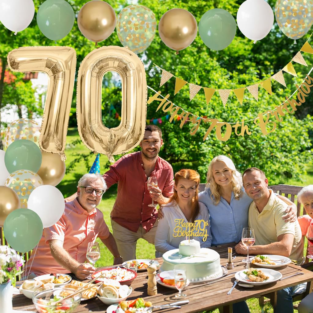 Sage Green White Gold 70th Birthday Balloons Set with Banner, Number 70 Foil Balloons, and Cake Topper