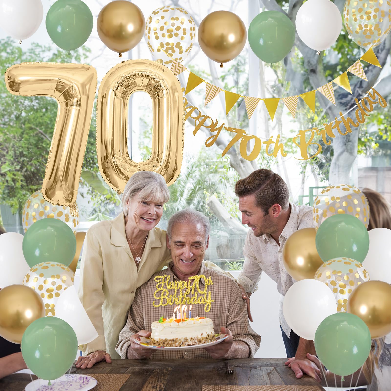 Sage Green White Gold 70th Birthday Balloons Set with Banner, Number 70 Foil Balloons, and Cake Topper