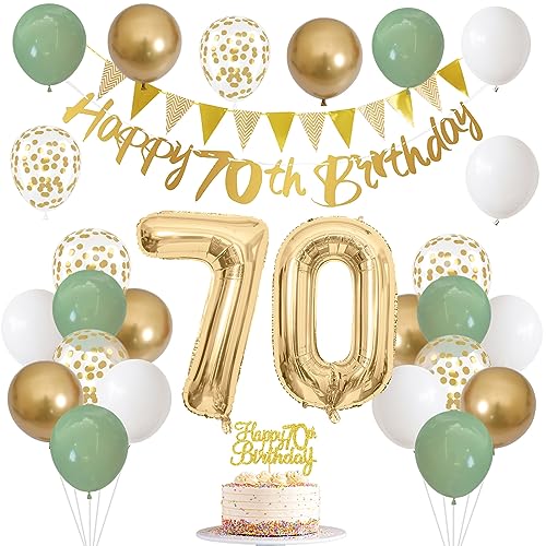 Sage Green White Gold 70th Birthday Balloons Set with Banner, Number 70 Foil Balloons, and Cake Topper