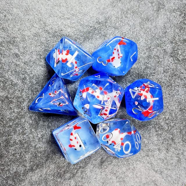 Sage's Portal Red Fish in Ocean D&D Dice Set - 7 Polyhedral Resin Dice