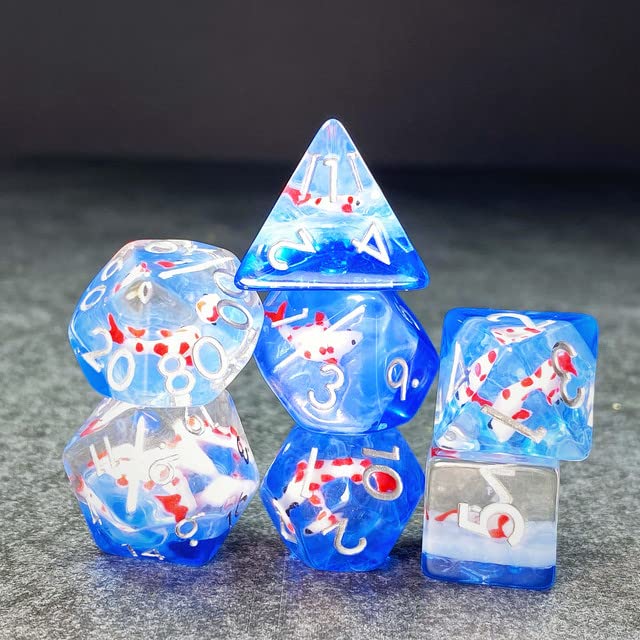 Sage's Portal Red Fish in Ocean D&D Dice Set - 7 Polyhedral Resin Dice
