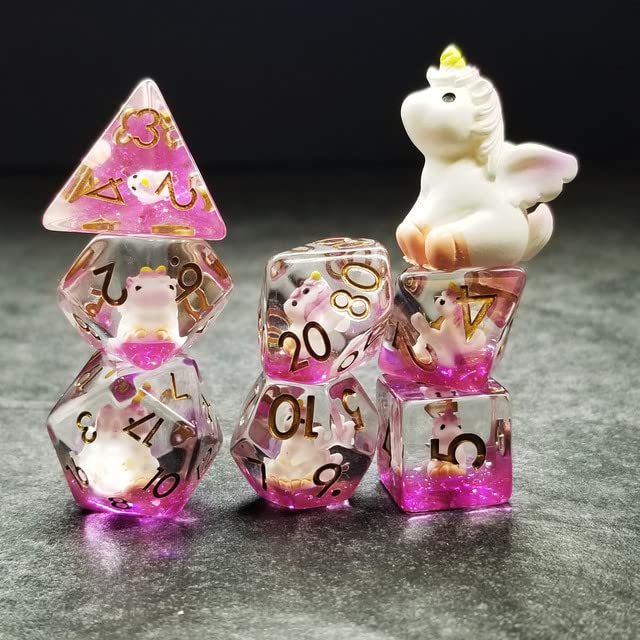 Sage's Portal Unicorn Familiar Resin Dice Set – 7-Piece Polyhedral DND Dice with Baby Unicorn Inclusion and Gold Ink