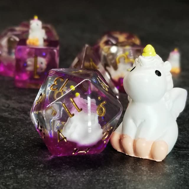Sage's Portal Unicorn Familiar Resin Dice Set – 7-Piece Polyhedral DND Dice with Baby Unicorn Inclusion and Gold Ink